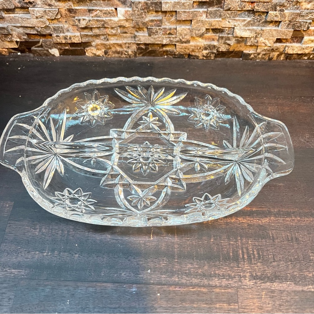 Vintage Cut Glass ~ Handled Divided Olive Dish